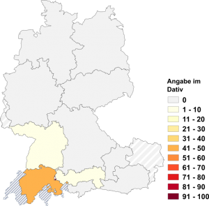 Relative Auftretenshäufigkeit von Angabe im Dativ innerhalb der einzelnen Areale im Verhältnis zu Angabe mit bei/für (in %)
