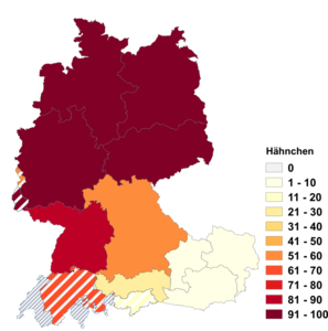 Relative Auftretenshäufigkeit von Hähnchen innerhalb der einzelnen Areale im Verhältnis zu Hendl (in %)