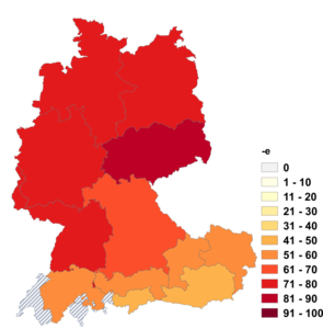 Relative Auftretenshäufigkeit von -e innerhalb der einzelnen Areale im Verhältnis zu (-) (in %)