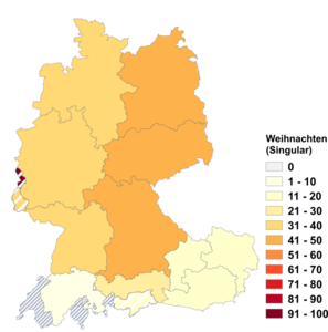 Relative Auftretenshäufigkeit von Weihnachten (Singular) innerhalb der einzelnen Areale im Verhältnis zu Weihnachten (Plural) (in %)
