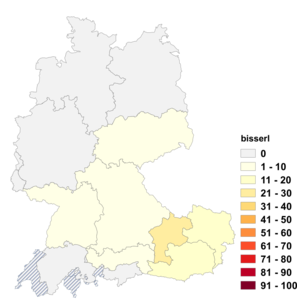 Relative Auftretenshäufigkeit von bisserl innerhalb der einzelnen Areale im Verhältnis zu bisschen (in %)