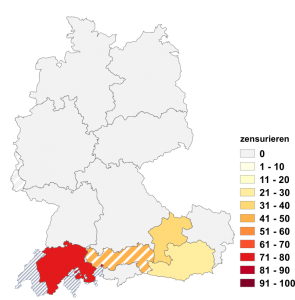 Relative Auftretenshäufigkeit von zensurieren innerhalb der einzelnen Areale im Verhältnis zu zensieren (in %)