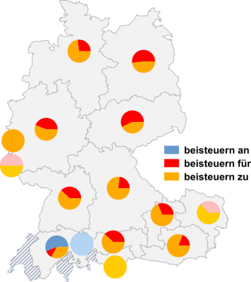 Relative Auftretenshäufigkeit von beisteuern an / für / zu (finanziell) innerhalb der einzelnen Areale