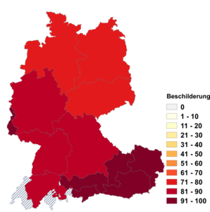 Relative Auftretenshäufigkeit von Beschilderung innerhalb der einzelnen Areale im Verhältnis zu Ausschilderung (in %)