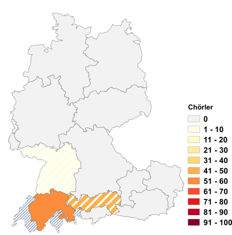 Relative Auftretenshäufigkeit von Chörler innerhalb der einzelnen Areale im Verhältnis zum Gesamtvorkommen in allen Arealen (in %)