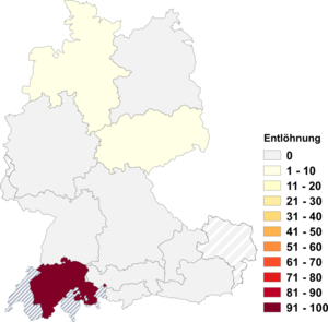 Relative Auftretenshäufigkeit von Entlöhnung innerhalb der einzelnen Areale im Verhältnis zu Entlohnung (in %)