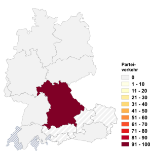 Relative Auftretenshäufigkeit von Parteiverkehr innerhalb der einzelnen Areale im Verhältnis zu Parteienverkehr (in %)