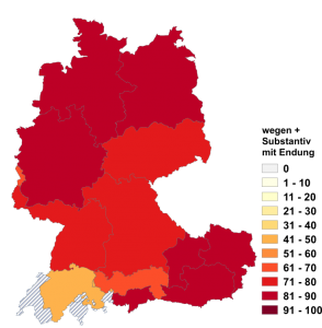 Relative Auftretenshäufigkeit von wegen + Substantiv mit Endung -(e)s innerhalb der einzelnen Areale im Verhältnis zu wegen + Substantiv ohne Endung -(e)s (in %)