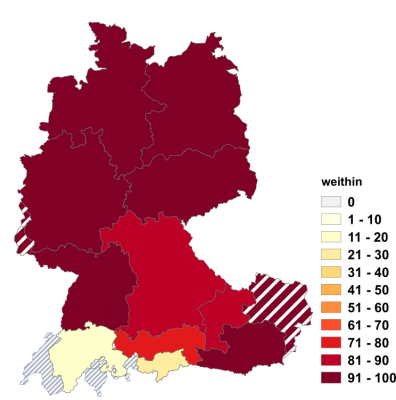 Relative Auftretenshäufigkeit von weithin innerhalb der einzelnen Areale im Verhältnis zu weitherum und weitum (in %)