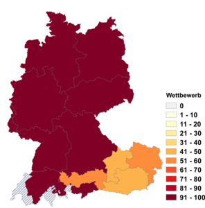 Relative Auftretenshäufigkeit von Wettbewerb innerhalb der einzelnen Areale im Verhältnis zu Bewerb (in %)