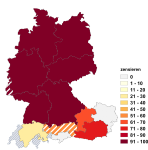 Relative Auftretenshäufigkeit von zensieren innerhalb der einzelnen Areale im Verhältnis zu zensurieren (in %)