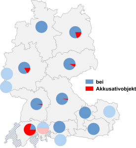 Relative Auftretenshäufigkeit von anfragen bei / anfragen mit Akkusativobjekt innerhalb der einzelnen Areale