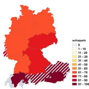 Relative Auftretenshäufigkeit von aufrappeln innerhalb der einzelnen Areale im Verhältnis zu berappeln (in %)