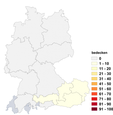 Relative Auftretenshäufigkeit von bedecken innerhalb der einzelnen Areale im Verhältnis zu abdecken und decken (in %)