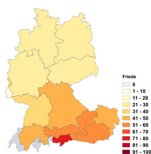 Relative Auftretenshäufigkeit von Friede innerhalb der einzelnen Areale im Verhältnis zu Frieden (in %)