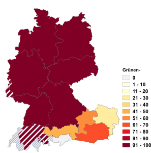 Relative Auftretenshäufigkeit von Grünen- innerhalb der einzelnen Areale im Verhältnis zu Grün- (in %)