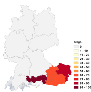Relative Auftretenshäufigkeit von Klags- innerhalb der einzelnen Areale im Verhältnis zu Klage- (in %)