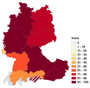 Relative Auftretenshäufigkeit von Kräne innerhalb der einzelnen Areale im Verhältnis zu Krane (in %)