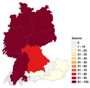 Relative Auftretenshäufigkeit von Saisons innerhalb der einzelnen Areale im Verhältnis zu Saisonen (in %)