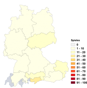 Relative Auftretenshäufigkeit von Spieles innerhalb der einzelnen Areale im Verhältnis zu Spiels (in %)