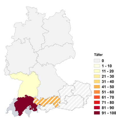 Relative Auftretenshäufigkeit von Täfer innerhalb der einzelnen Areale im Verhältnis zu Täfelung und Vertäfelung (in %)