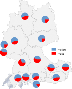 Relative Auftretenshäufigkeit von -rates / -rats innerhalb der einzelnen Areale