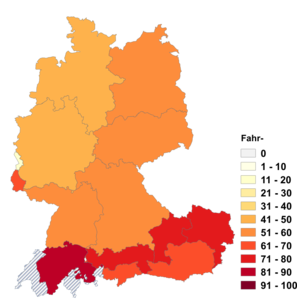 Relative Auftretenshäufigkeit von Fahr- innerhalb der einzelnen Areale im Verhältnis zu Fahrt- (in %)