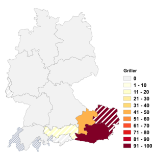 Relative Auftretenshäufigkeit von Griller innerhalb der einzelnen Areale im Verhältnis zu Grill (in %)