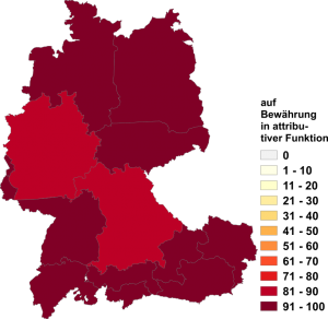 Relative Auftretenshäufigkeit von auf Bewährung in attributiver Funktion innerhalb der einzelnen Areale im Verhältnis zu mit Bewährung in attributiver Funktion (in %)
