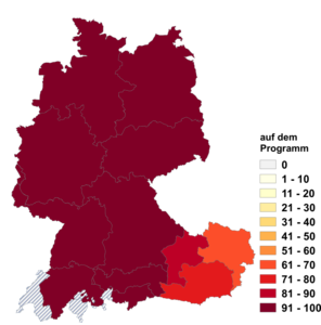 Relative Auftretenshäufigkeit von auf dem Programm innerhalb der einzelnen Areale im Verhältnis zu am Programm (in %)