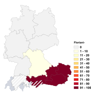 Relative Auftretenshäufigkeit von Floriani- innerhalb der einzelnen Areale im Verhältnis zu Florians- (in %)