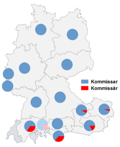 Relative Auftretenshäufigkeit von Kommissar / Kommissär innerhalb der einzelnen Areale