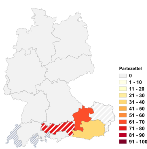 Relative Auftretenshäufigkeit von Partezettel innerhalb der einzelnen Areale im Verhältnis zu Parte (in %)