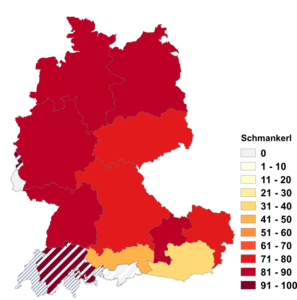 Relative Auftretenshäufigkeit von Schmankerl innerhalb der einzelnen Areale im Verhältnis zu Schmankerln (in %)
