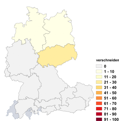 Relative Auftretenshäufigkeit von verschneiden innerhalb der einzelnen Areale im Verhältnis zu beschneiden und schneiden (in %)