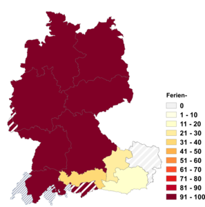 Relative Auftretenshäufigkeit von Ferien- innerhalb der einzelnen Areale im Verhältnis zu Ferial- (in %)
