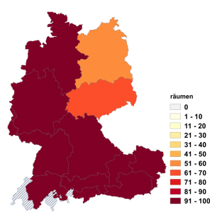 Relative Auftretenshäufigkeit von räumen innerhalb der einzelnen Areale im Verhältnis zu beräumen (in %)