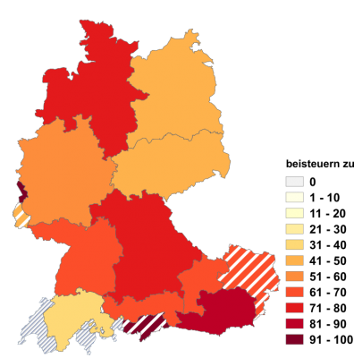Relative Auftretenshäufigkeit von beisteuern zu innerhalb der einzelnen Areale im Verhältnis zu beisteuern an und beisteuern für (finanziell; in %)