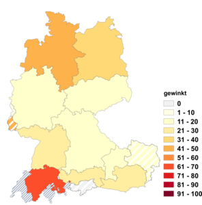 Relative Auftretenshäufigkeit von gewinkt innerhalb der einzelnen Areale im Verhältnis zu gewunken (in %)