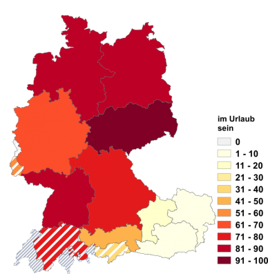 Relative Auftretenshäufigkeit von im Urlaub sein innerhalb der einzelnen Areale im Verhältnis zu auf Urlaub sein und in Urlaub sein (in %)