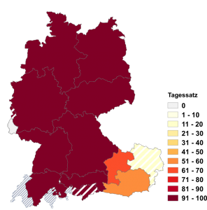 Relative Auftretenshäufigkeit von Tagessatz innerhalb der einzelnen Areale im Verhältnis zu Tagsatz (in %)