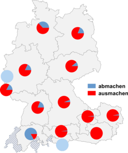 Relative Auftretenshäufigkeit von abmachen / ausmachen innerhalb der einzelnen Areale
