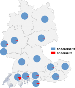 Relative Auftretenshäufigkeit von andererseits / anderseits innerhalb der einzelnen Areale