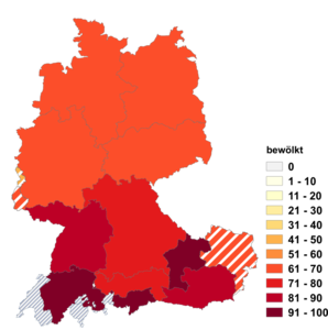 Relative Auftretenshäufigkeit von bewölkt innerhalb der einzelnen Areale im Verhältnis zu wolkig (in %)