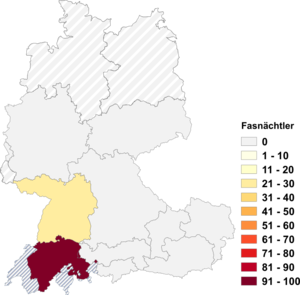 Relative Auftretenshäufigkeit von Fasnächtler innerhalb der einzelnen Areale im Verhältnis zu Fastnachter (in %)