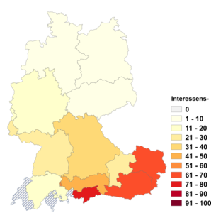 Relative Auftretenshäufigkeit von Interessens- innerhalb der einzelnen Areale im Verhältnis zu Interessen- (in %)