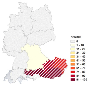 Relative Auftretenshäufigkeit von Kreuzerl innerhalb der einzelnen Areale im Verhältnis zu Kreuzchen (in %)