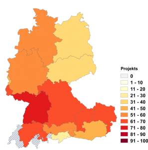 Relative Auftretenshäufigkeit von Projekts innerhalb der einzelnen Areale im Verhältnis zu Projektes (in %)
