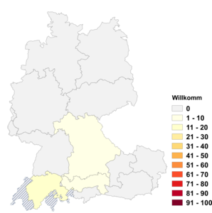 Relative Auftretenshäufigkeit von Willkomm innerhalb der einzelnen Areale im Verhältnis zu Willkommen (in %)
