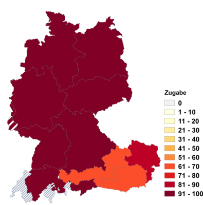 Relative Auftretenshäufigkeit von Zugabe innerhalb der einzelnen Areale im Verhältnis zu Draufgabe und Dreingabe (in %)
